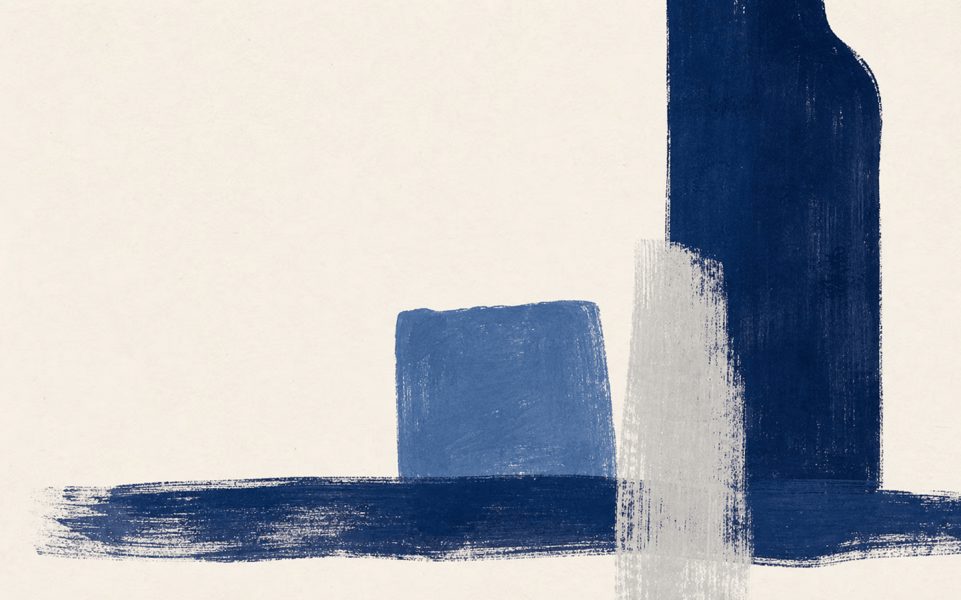 Abstract blue painted blocks and broad brush strokes on warm paper