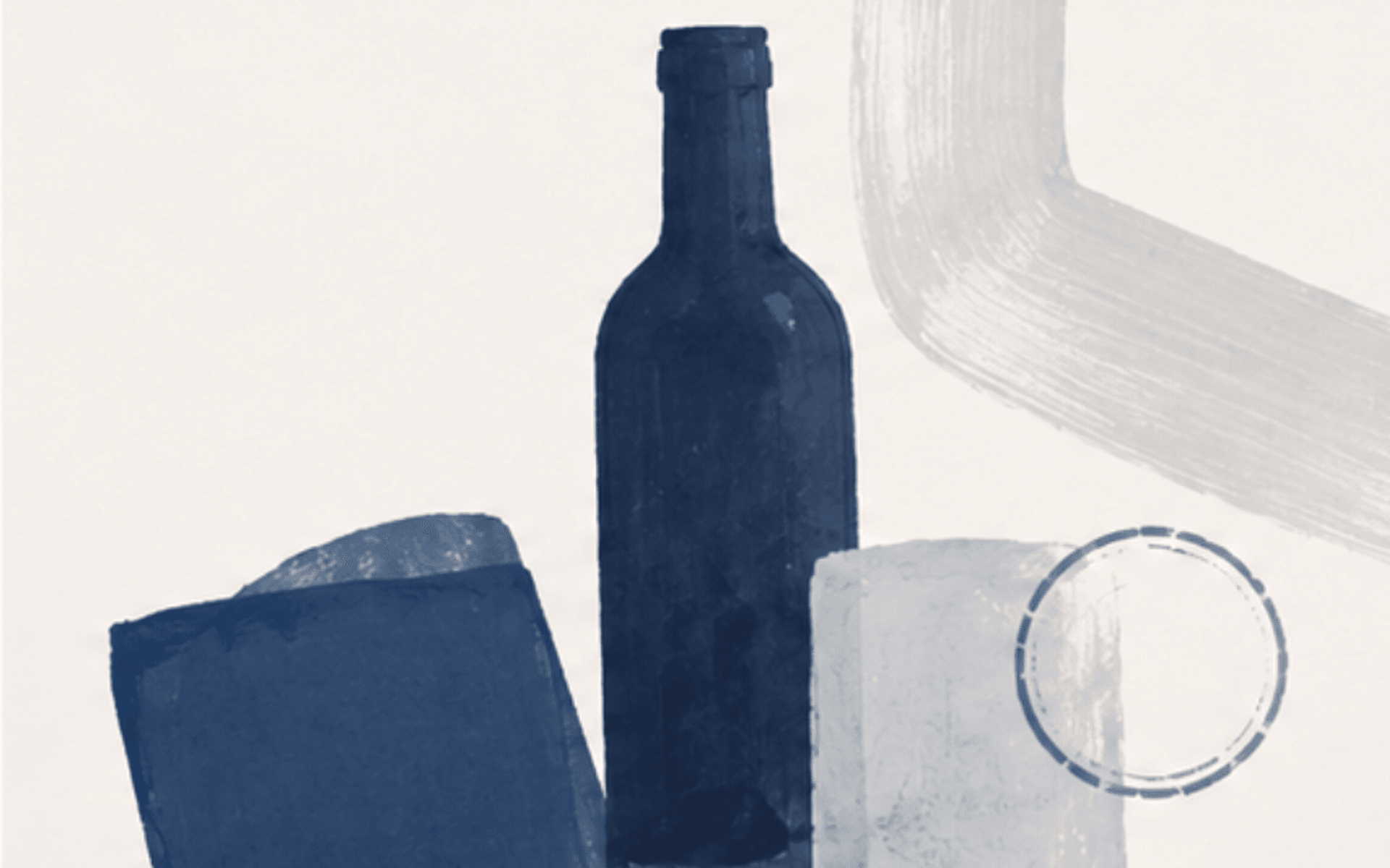 Abstract navy painting suggesting a bottle, document and inspection seal.