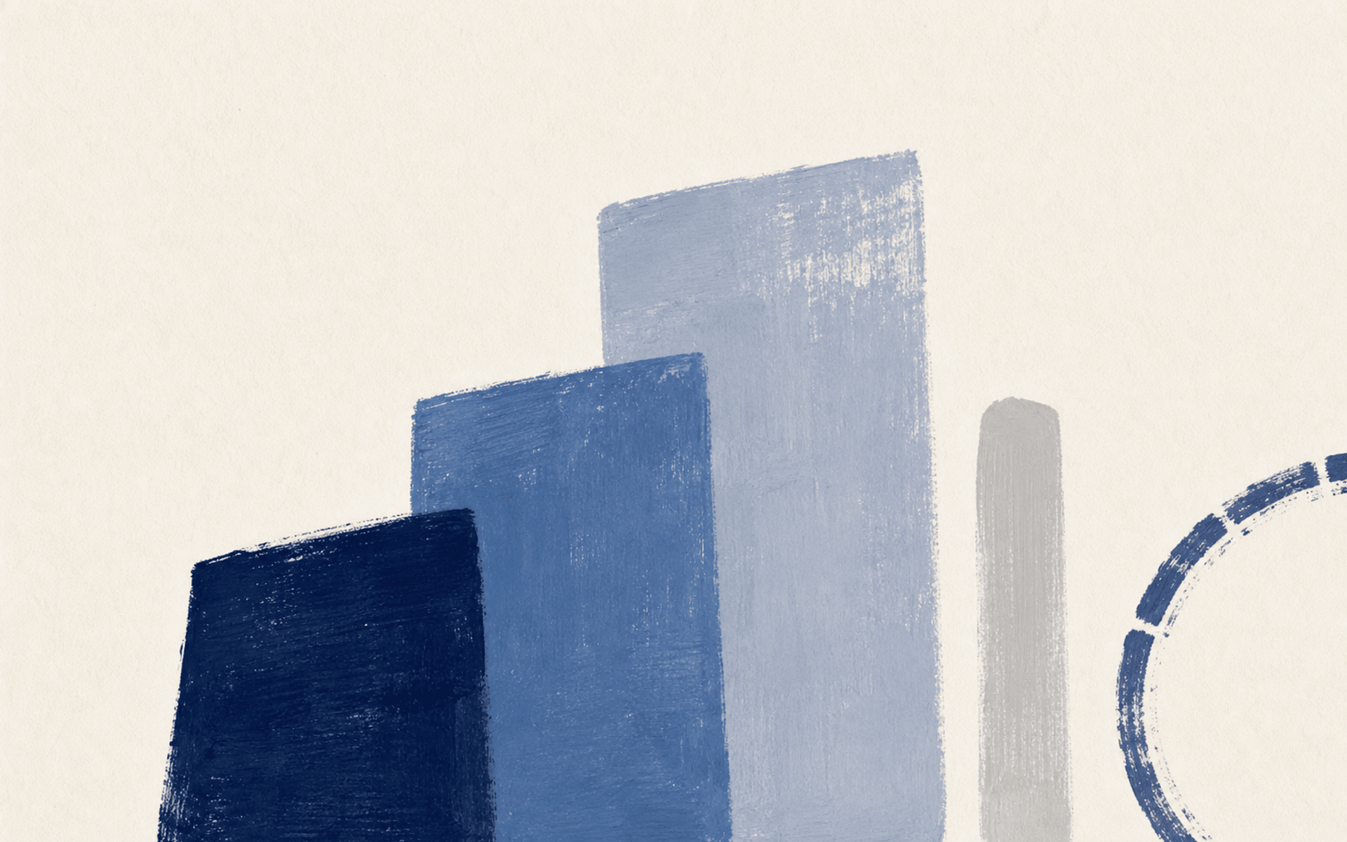 Abstract navy painting of stepped blocks, a narrow marker and an incomplete circular stamp.