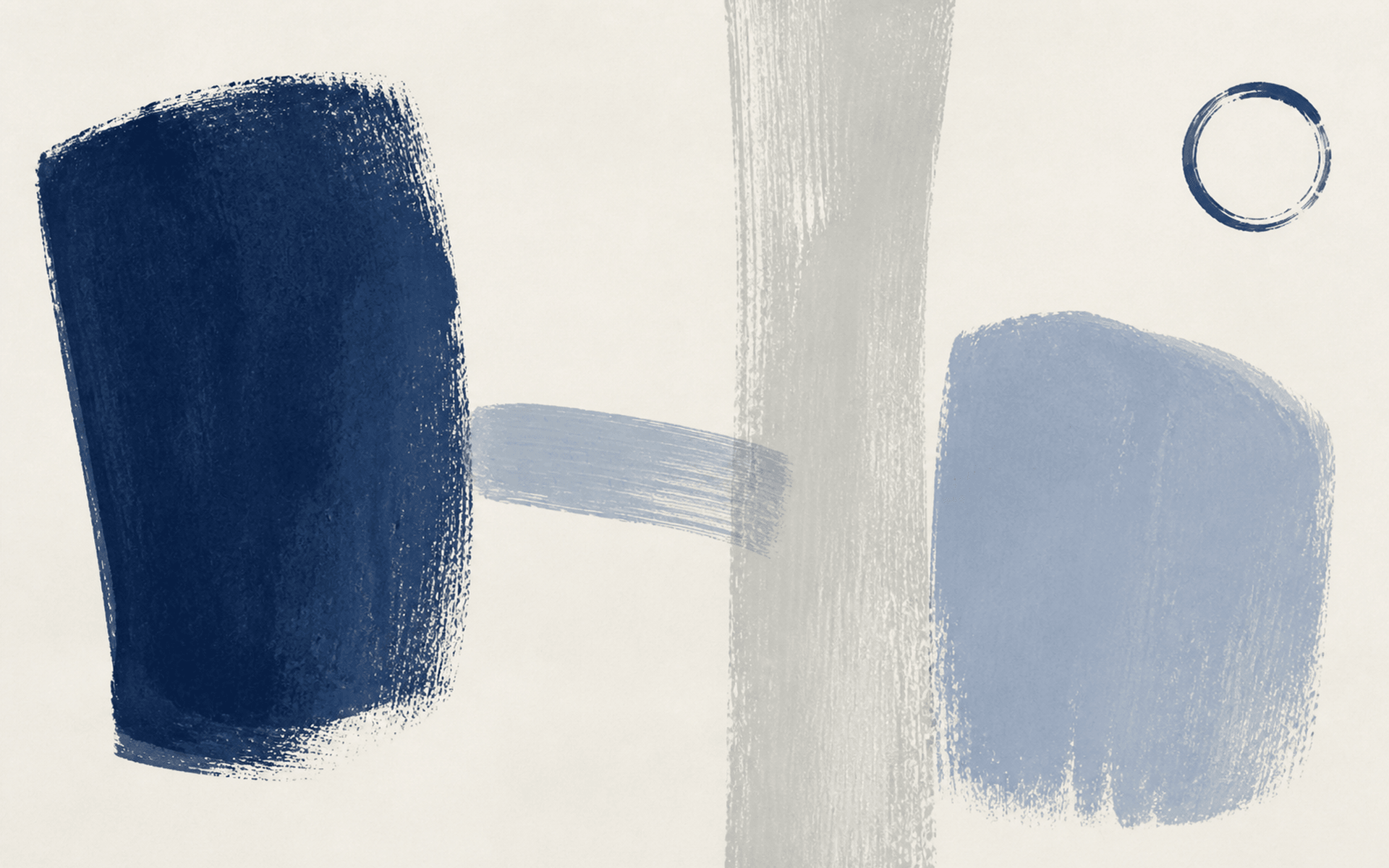 Two abstract blue painted masses joined across a narrow division by a restrained brush stroke.