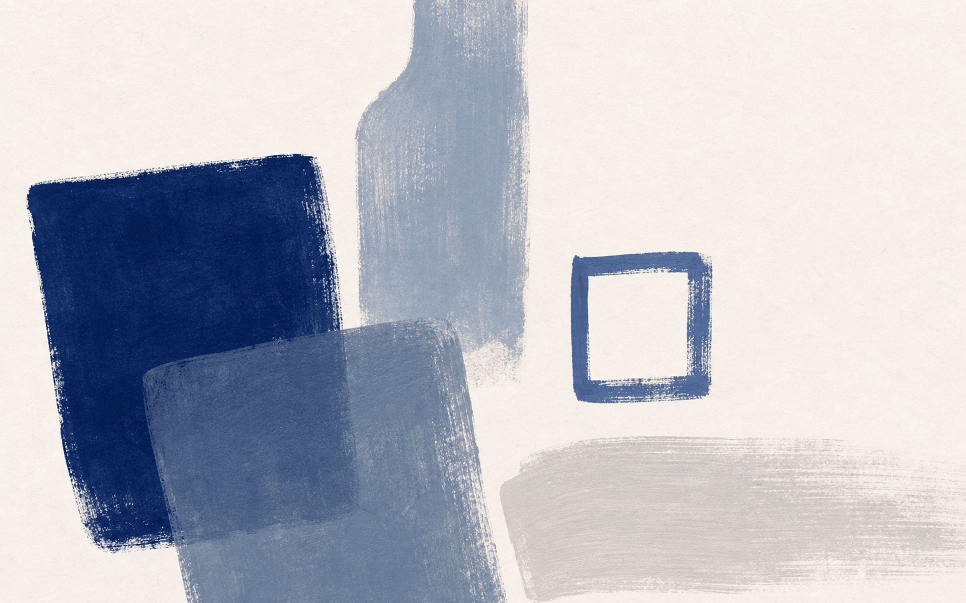 Overlapping blue painted rectangles and a cropped bottle-like form crossed by a directional stroke.