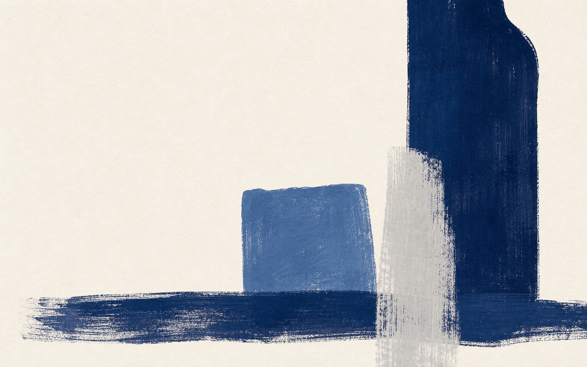 Minimal painted composition of measured blue blocks and a vertical bottle-like form.