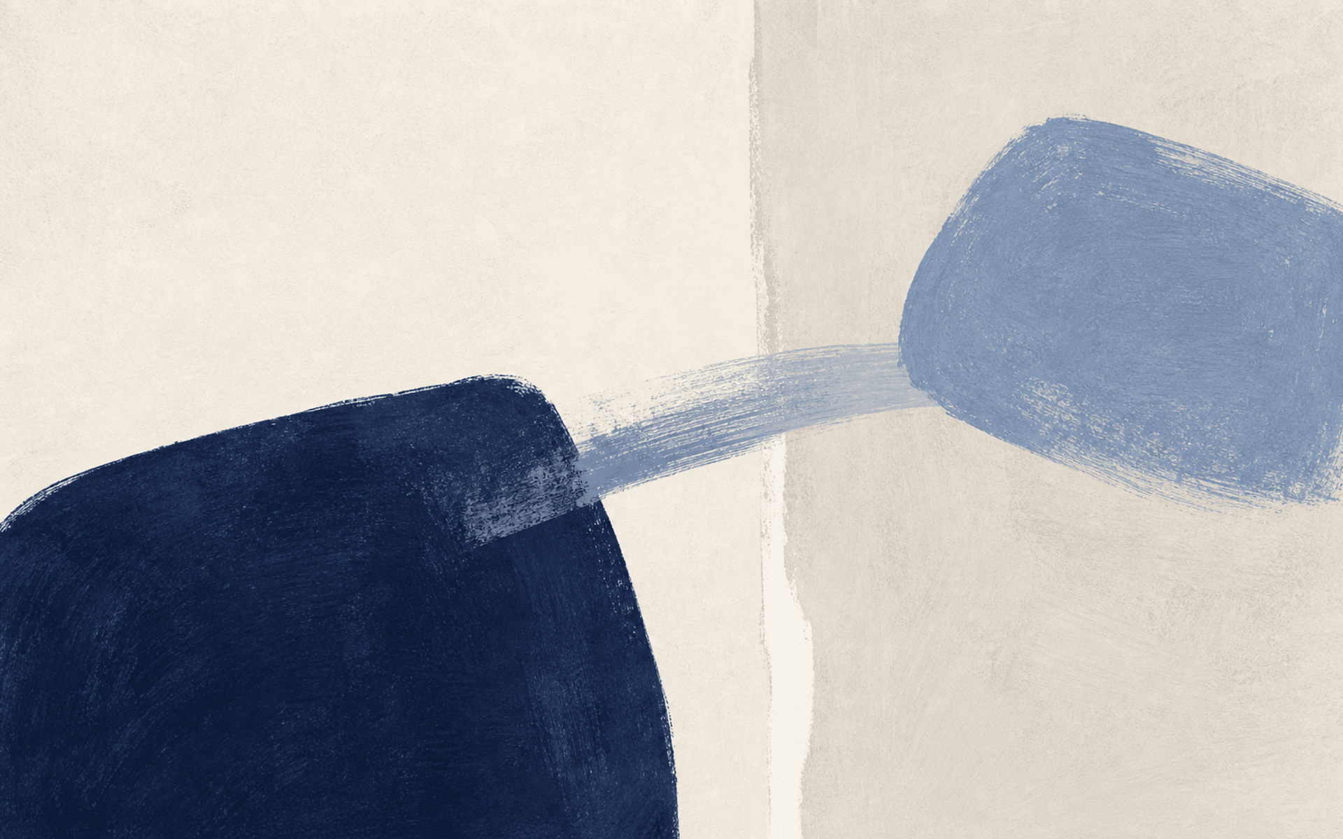 Divided navy fields connected by a pale bridge-like brush stroke across a narrow gap.