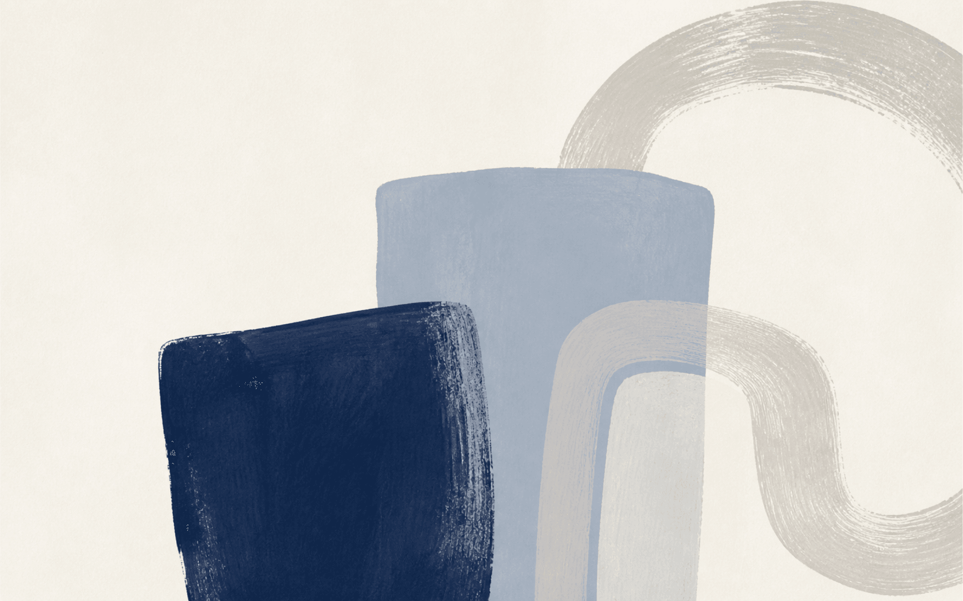 Nested pale and navy container-like forms balanced by a broad returning brush stroke.