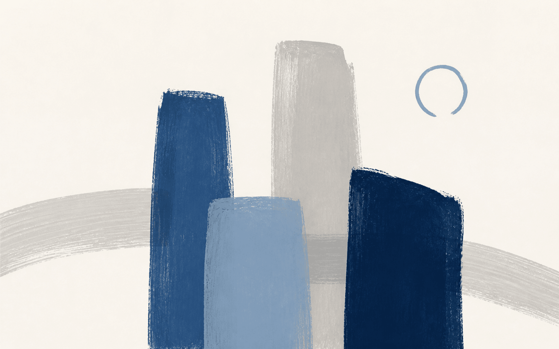 Grouped navy forms connected by a pale brush stroke, suggesting workforce development.