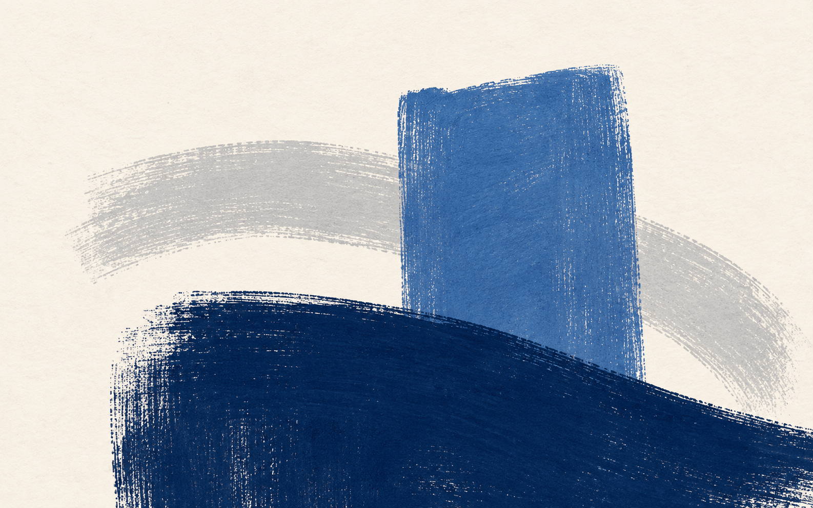 Abstract deep navy and blue painted forms overlapping a pale curved brush stroke on warm ivory paper