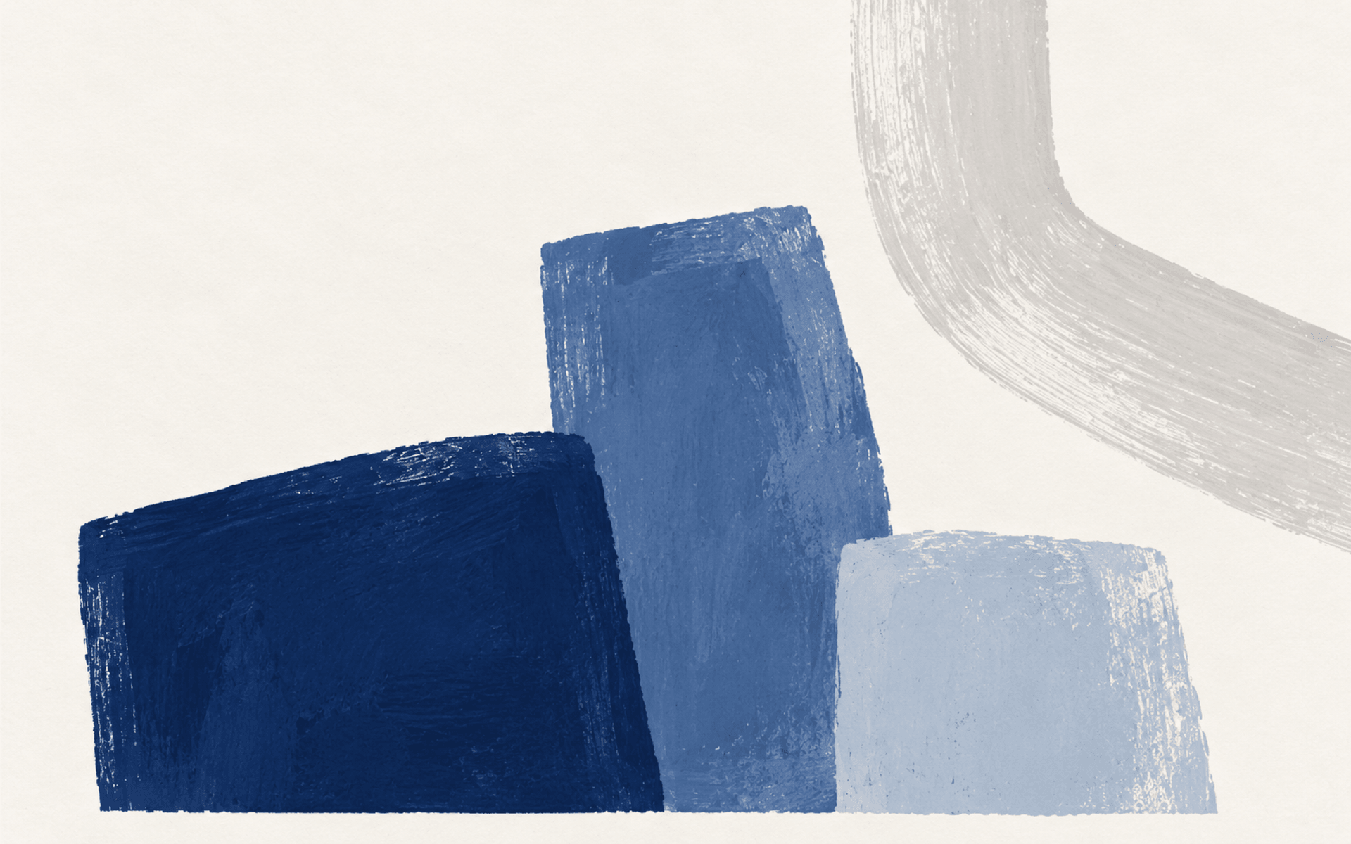 Uneven navy, muted blue and pale blue painted blocks beneath a curved warm grey brush stroke on ivory paper