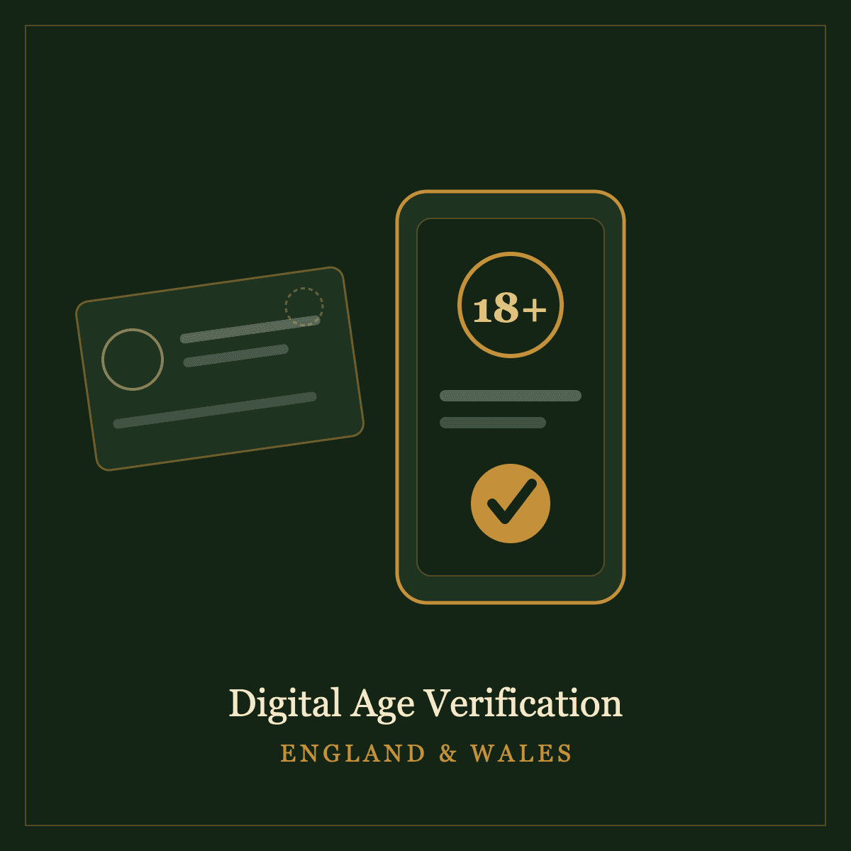 A smartphone showing an 18 plus digital age verification check with a tick, alongside a physical identity card, representing digital proof of age for alcohol sales in England and Wales
